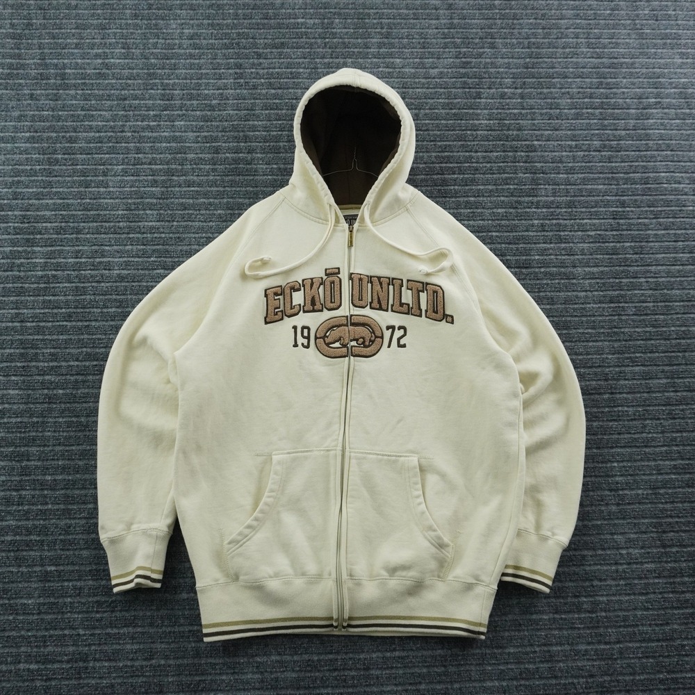 Y2K‎ Ecko Unltd Zip Up Hoodie Mens Large Cream Embroidered Rhino Graphic